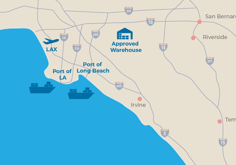 Regional Map showing Port of La, Long Beach and AFF Warehouse