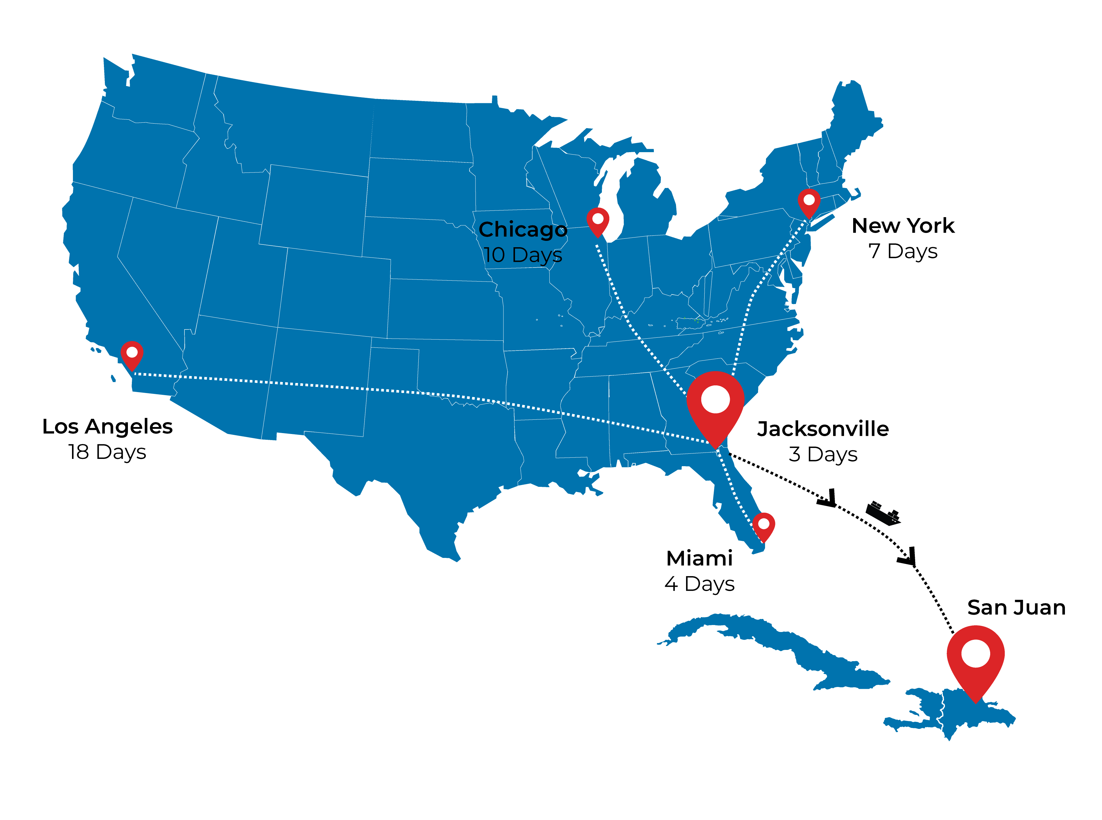 Puerto Rico Shipping Time Transit Map
