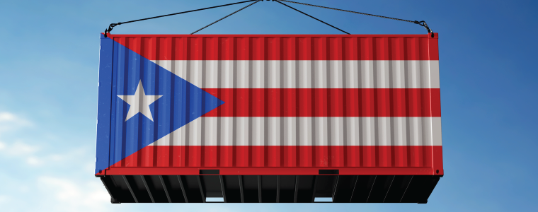 PR_featured Freight containers with Puerto Rico flag, clouds background