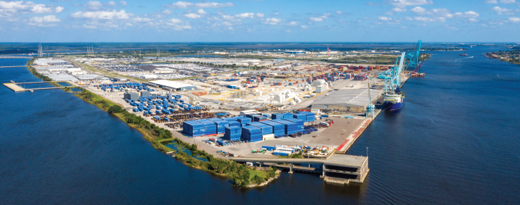 Aerial view of shipping terminal port.