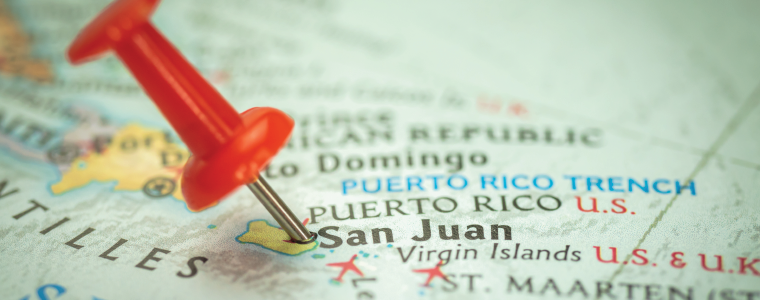PR map_featured Location Puerto Rico and San Juan city, red push pin on the travel map, marker and point closeup, tourism and trip concept, North America