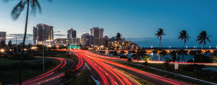 PR2_featured Traffic entering the capital of Puerto Rico, San Juan at night.