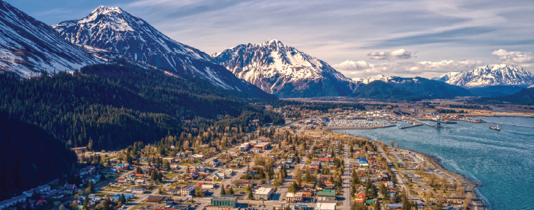 Aerial View of Seward, Alaska in early Summer