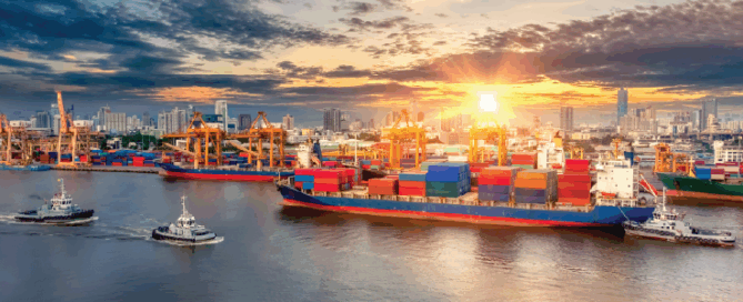 Aerial view of cargo ship, cargo container in warehouse harbor at thailand, container ship in import export and business logistic with sunset